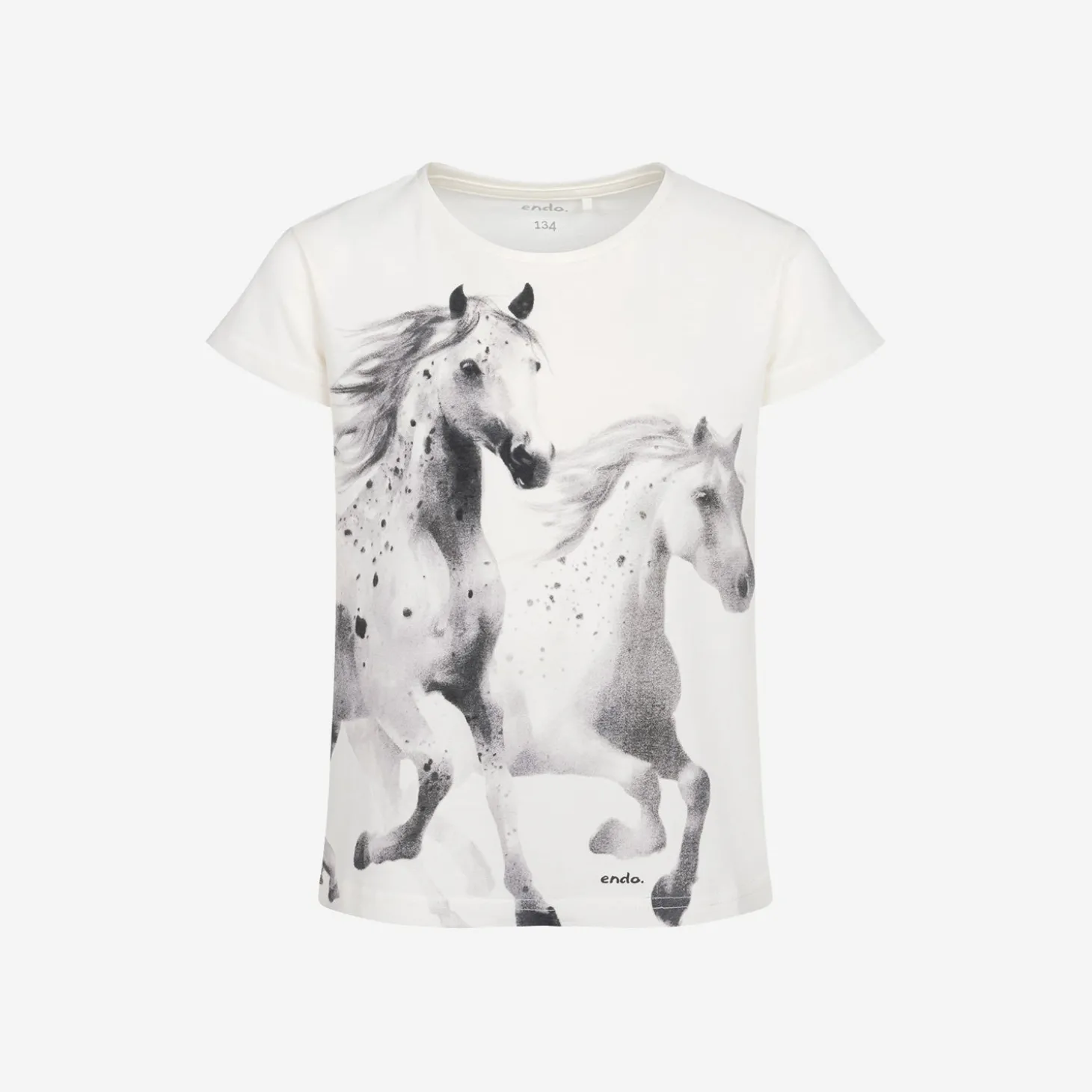 T-shirt z krótkim rękawem dla dziewczynki, z koniami, kremowy 9-13 lat