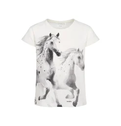 T-shirt z krótkim rękawem dla dziewczynki, z koniami, kremowy 9-13 lat