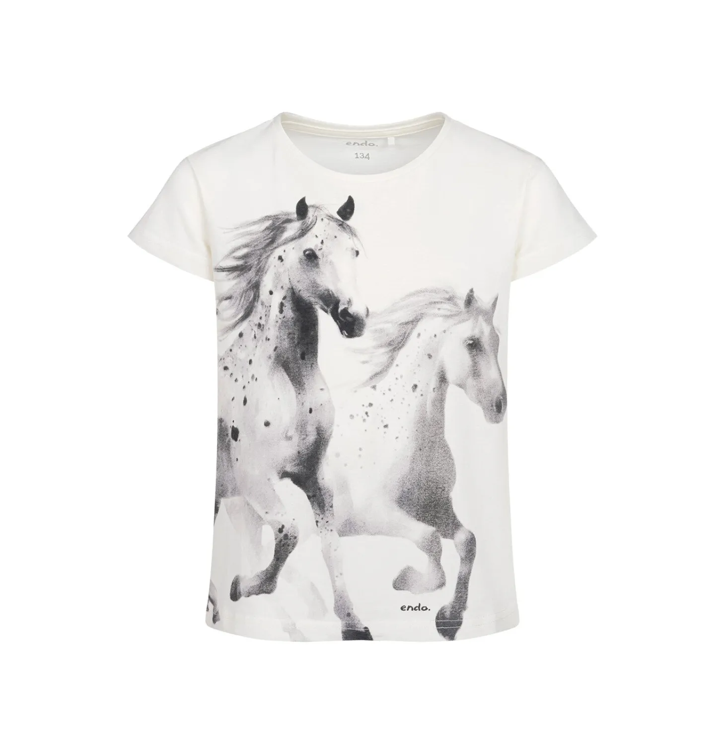 T-shirt z krótkim rękawem dla dziewczynki, z koniami, kremowy 9-13 lat