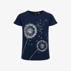 T-shirt z krótkim rękawem dla dziewczynki, z dmuchawcami, granatowy 9-13 lat