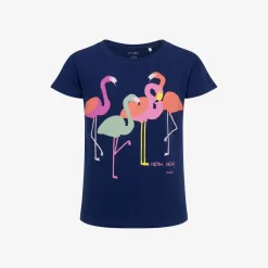 T-shirt z krótkim rękawem dla dziewczynki, z flamingami, granatowy 9-13 lat