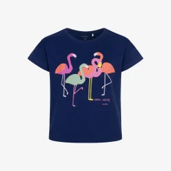 T-shirt z krótkim rękawem dla dziewczynki, z flamingami, granatowy 3-8 lat