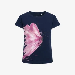 T-shirt z krótkim rękawem dla dziewczynki, z motylem 9-13 lat, Ciemnoniebieski