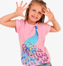 T-shirt z krótkim rękawem dla dziewczynki, z pawiem, różowy 3-8 lat